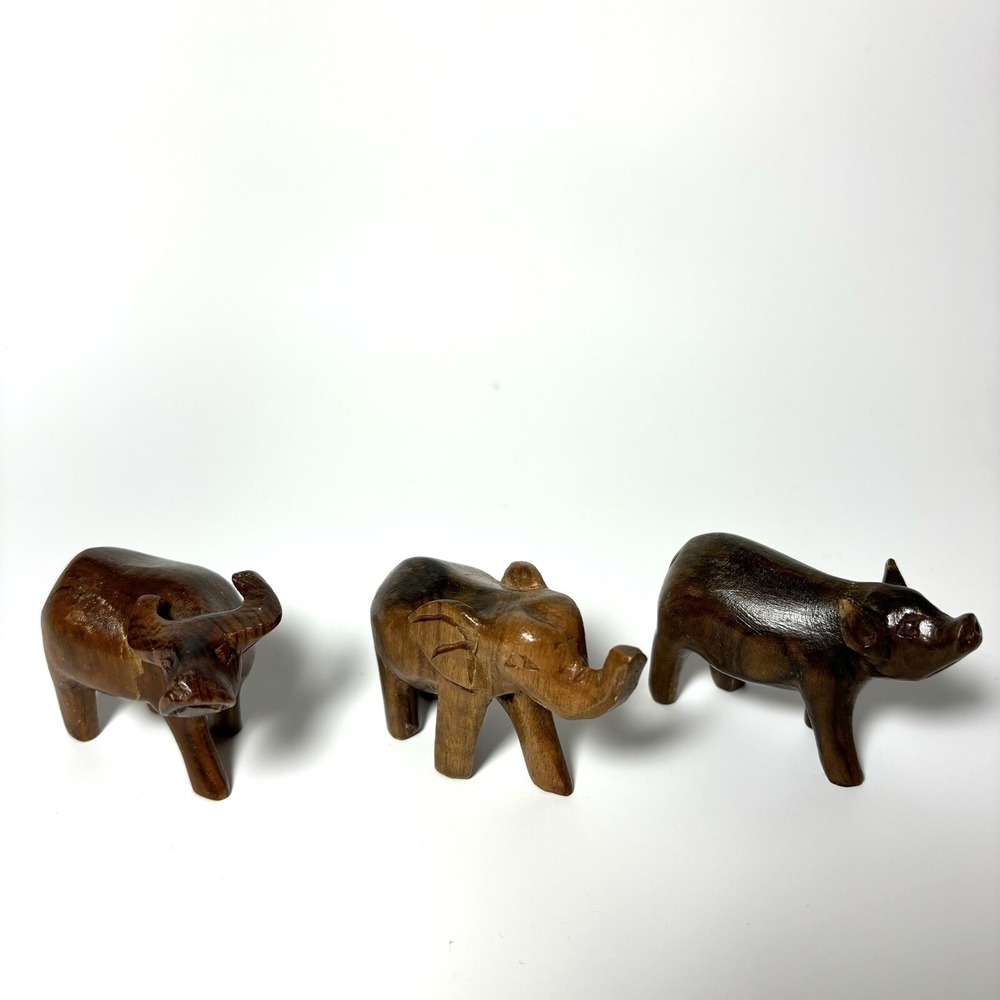 Wood Carved Animals Miniature African Safari Ox Bull Elephant Pig Boar Set Of 3